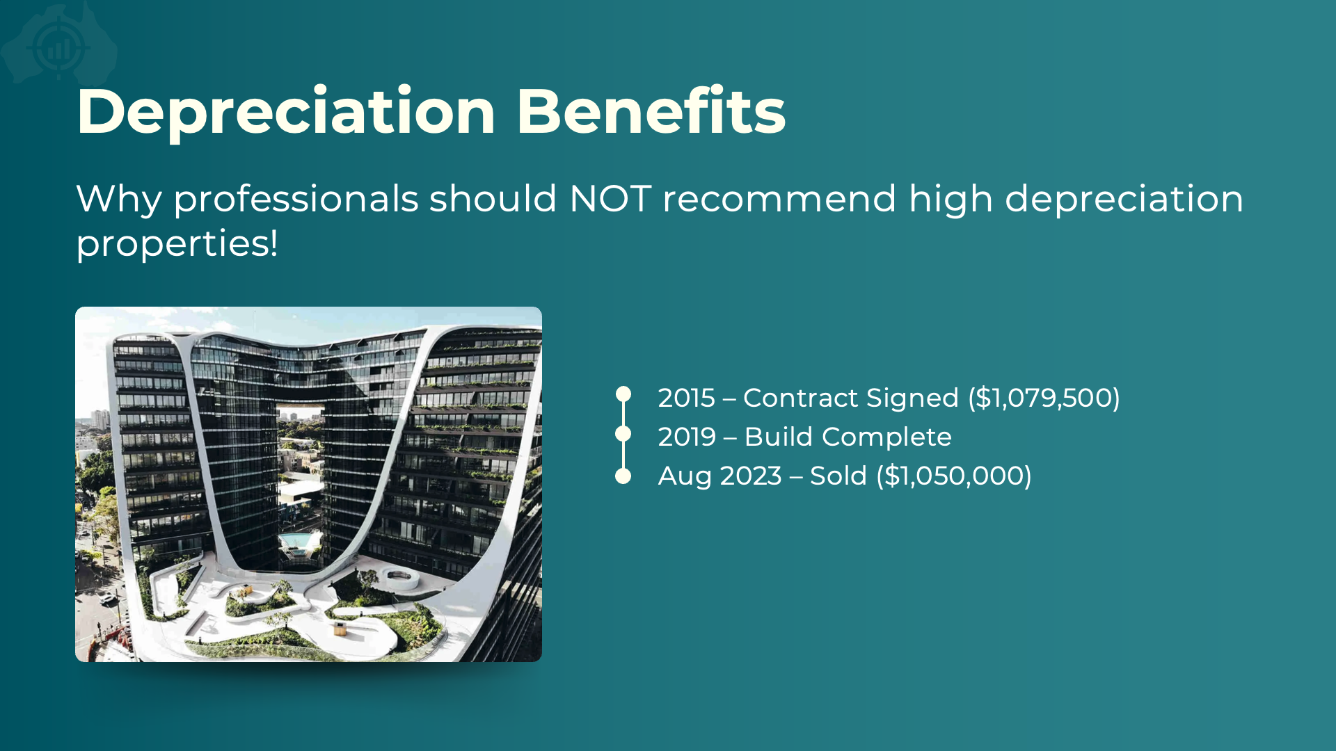 Example of a high-depreciation new apartment showing purchase price, build completion, and resale at a lower price, illustrating why depreciation does not guarantee strong investment returns.