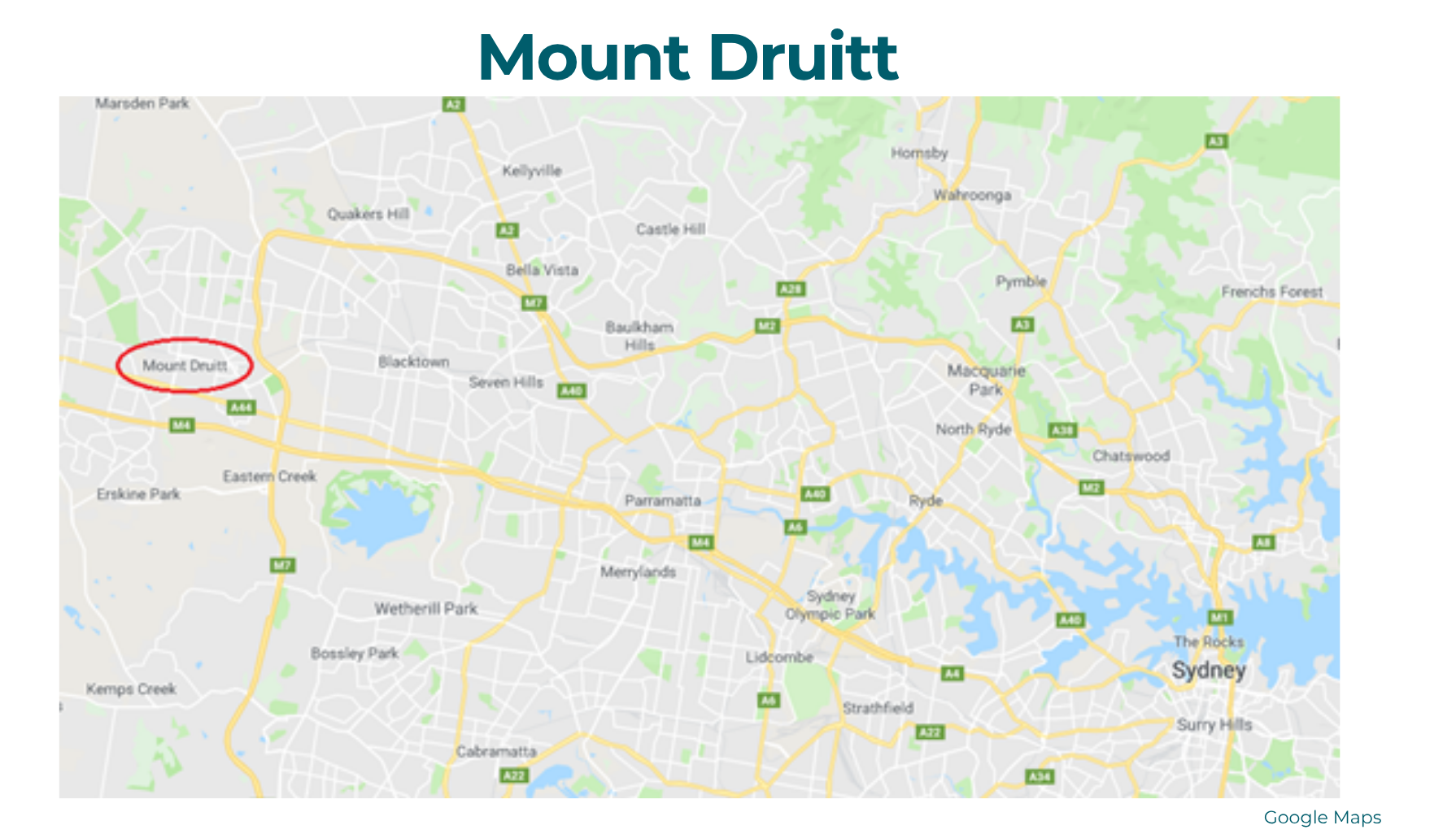 Map titled Mount Druitt showing Mount Druitt circled in red on the western edge of greater Sydney. The map shows surrounding suburbs including Marsden Park, Quakers Hill, Bella Vista, Castle Hill, Pymble, Hornsby, Wahroonga, Macquarie Park, Chatswood, Parramatta, Ryde and Sydney CBD at the bottom right. Mount Druitt sits approximately an hour's drive west of the Sydney CBD.